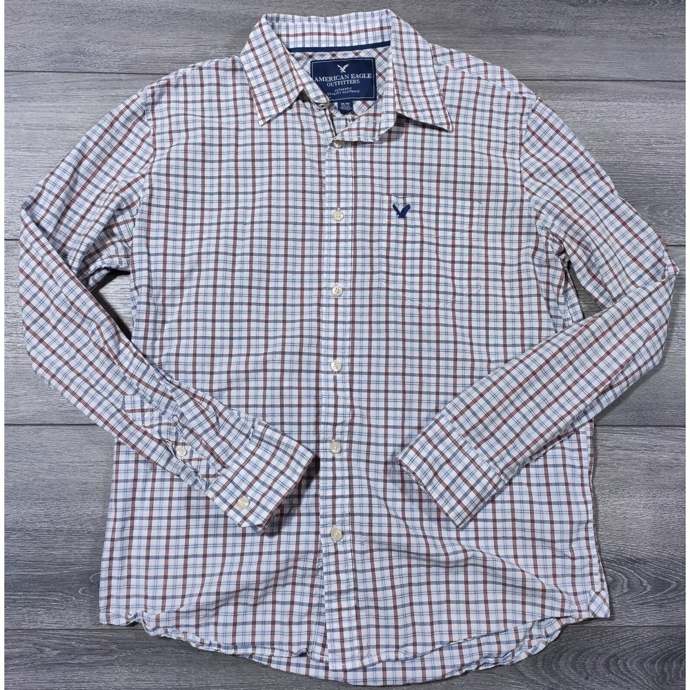 American Eagle Button Up Shirt Adult Medium White Plaid Casual Mens